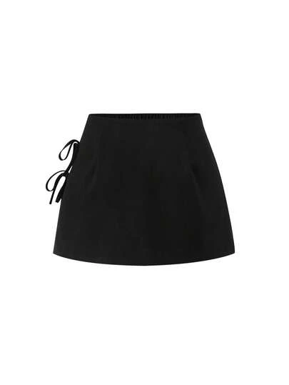 SHEIN PETITE CURVE PETITE Plus Size Autumn/Winter Bowknot Waist Sexy Slit A-Line Black Mini Skirt, Suitable For Petite Figures