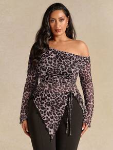 SHEIN BAE Plus Size Women Leopard Print Asymmetrical Neck Drawstring Ruched Fitted Top, Fashionable Streetwear, Spring/Autumn - Dark Grey - View 5