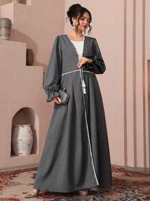 Al Najma Women's Elegant Ribbon Patchwork Tie-Up Gray Robe - Grey - View 6