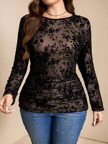 Comfylo 大码新款秋冬休闲黑色圆领T恤，适合身材丰满的女性，弹性舒适，百搭，圣诞节T恤 - 黑色 - 查看 5