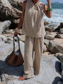 Livesso 2pcs/Set Women Casual Striped Sleeveless Top And Pants - Khaki - View 7
