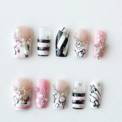 ROMWE Anime 10 Pieces Of Cute Style Hand-Painted Cherry Blossom Music Note Fake Nail Piece + 3 Pieces Of Double-Sided Tape, Retro Style Black And White Piano Keys, Star Cross Element Manicure, Y2K Removable Diamond Long Square Wearing Nail, Reusable Manicure In Four Seasons, Suitable For Daily, Dating Wear