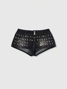 ROMWE Avant Spring/Summer Fashionable Avant-Garde Rivet Distressed Mini Low-Waist Denim Shorts - Black - View 1