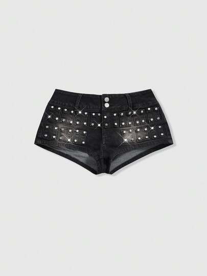 ROMWE Avant Modische avantgardistische Nieten-Destroyed Mini-Denim Shorts mit niedriger Taille