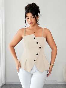Elenzga Plus Size Elegant 2025 New Brown Asymmetric Waist Cinching Stylish Versatile Commute Casual Camisole With Adjustable Straps, A-Line Hem Slit Camisole, Suitable For Spring, Summer, Autumn, Layering, Dates, Parties, Commute, Minimalist Versatile Tops For Women Elegant Women Cami Top Dress Top Classy Top Corsets Women Tops - Apricot - View 6