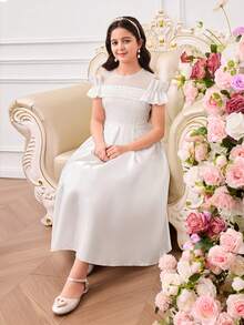 少女優雅長款公主禮服，白色夏季婚禮小伴娘緞面洋裝，網紗領口，正式教堂端莊派對長裙 - 白色 - 查看 4