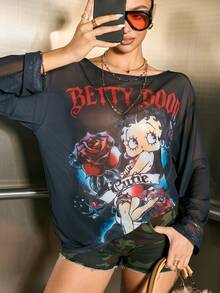 Betty Boop x SHEIN 女士时尚透视卡通肖像图案长袖上衣