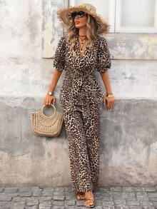 Brillora Leopard Textured Pattern Half Sleeve Batwing Suit For Women Casual Thigh Length Polyester - Black - View 6