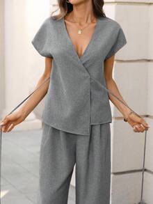 Ellevyn 女士新款优雅裹身蝙蝠袖上衣和宽松阔腿裤两件套，杏色梭织面料，适合夏季外出、约会和度假。 - 灰色 - 查看 11