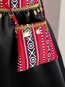 Gaun Pengantin Tradisional Musim Panas Hitam Motif Geometris untuk Anak Perempuan, Lengan Bergelombang, Resleting Belakang, Pakaian Pesta Arab dengan Tas Tangan Bermotif - Hitam - View 3