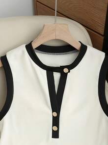 Franclia 新款女士时尚休闲金色纽扣无袖黑白撞色上衣+黑色百搭长裤套装，春夏休闲通勤装 - 黑色 - 查看 3