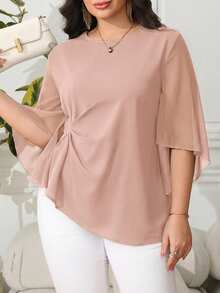 Reflora Plus Size Solid Color Twist Knot Elegant Mesh Patchwork Blouse - Baby Pink - View 5