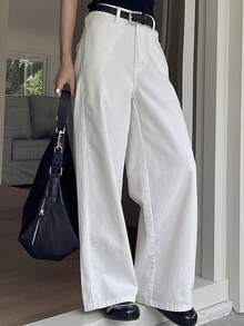 Livesso 女士宽松商务休闲直筒牛仔裤，时尚办公穿着设计，带保暖内衬，春夏款 - 白色 - 查看 3