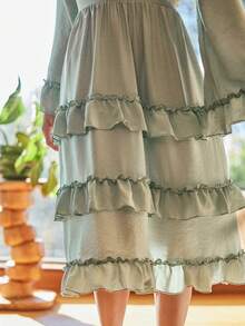 Lullawish 波西米亚风舒适时尚深V领荷叶边绿色女士睡裙 - 綠色 - 查看 6