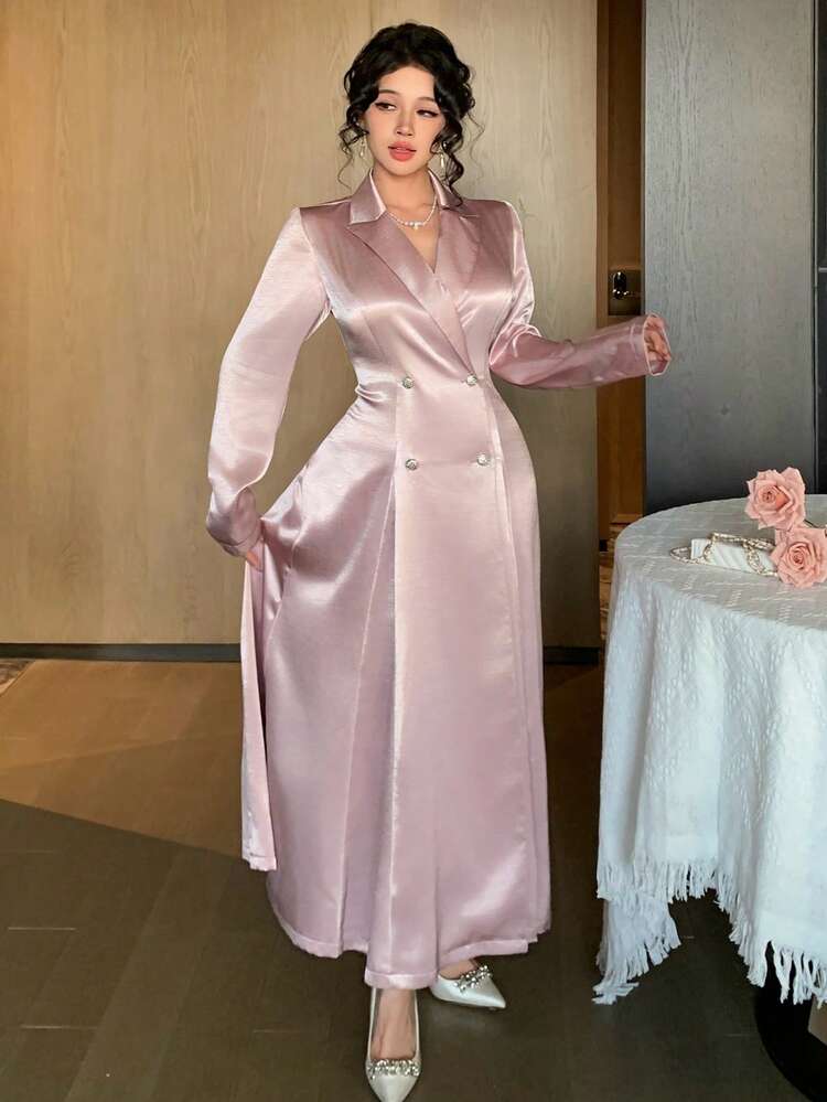 Spring/Summer Pink Satin Satin Formal Dress, Elegant Midi Dress For Wedding, Party, Prom, Cocktail, Commute Wedding Guest Dress Sundress
