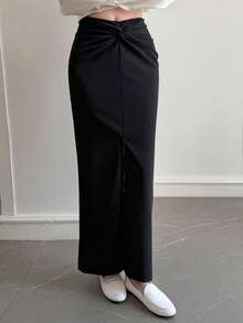 DAZY Chân váy nữ màu trơn, kiểu dáng thanh lịch, xẻ tà, thời trang. - màu đen - Xem 2