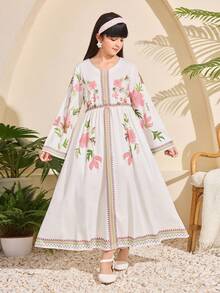 1pc Girls' Elegant Modest White And Pink Dress With Middle Eastern Details - White - View 4