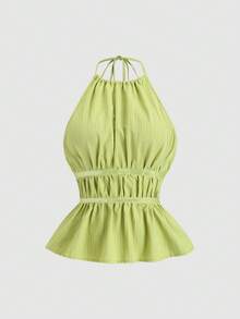 Sweetra French Style Loose Solid Color Drawstring Halter Top And Relaxed Wide Leg Pants Two Pieces Set For Women