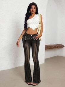 SHEIN PETITE Vintage Washed Low Waist Flare Leg Jeans - Grey - View 3