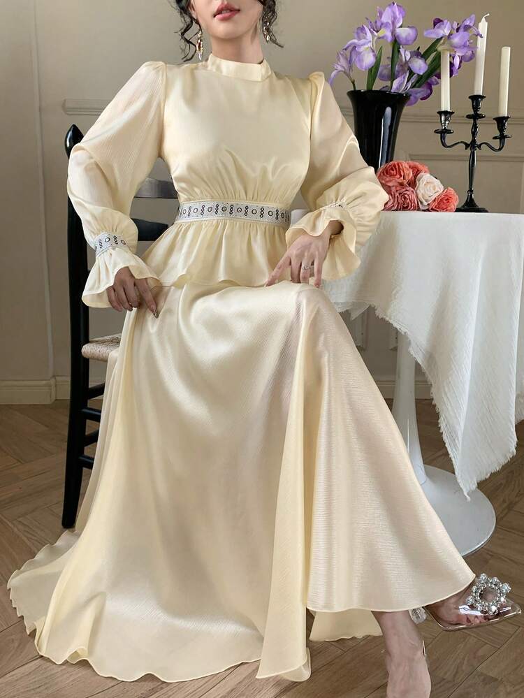 Women's Elegant Mandarin Collar Color Block Patchwork Shirt And Skirt 2 Pieces Set, Spring/Summer,Wedding Guest Dress Women