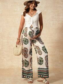 Boho Mama Maternity Clothes  Maternity Pants Pregnant Clothes Vacation Green  Maternity  Pants Maternity Summer Vacation Casual Adjustable Waist Printed Pants,Patterned Print Adjustable Waistband,Adjustable Elastic Waistband - Multicolor - View 5