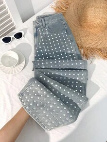 Comfortcana 女士时尚通勤牛仔裤，饰有珍珠，适合夏季、假期、春季、情人节、生日等各种场合，也适合外出、度假、休闲等场合，亦可作为Y2K风格牛仔裤穿着。闪亮牛仔裤，时尚女式牛仔裤，通体镶满水钻设计。 - 深色水洗藍 - 查看 4