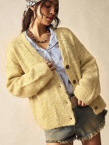 Bohemela 复古宽松针织前开襟纯色休闲长袖开衫 - 淡黃色 - 查看 8