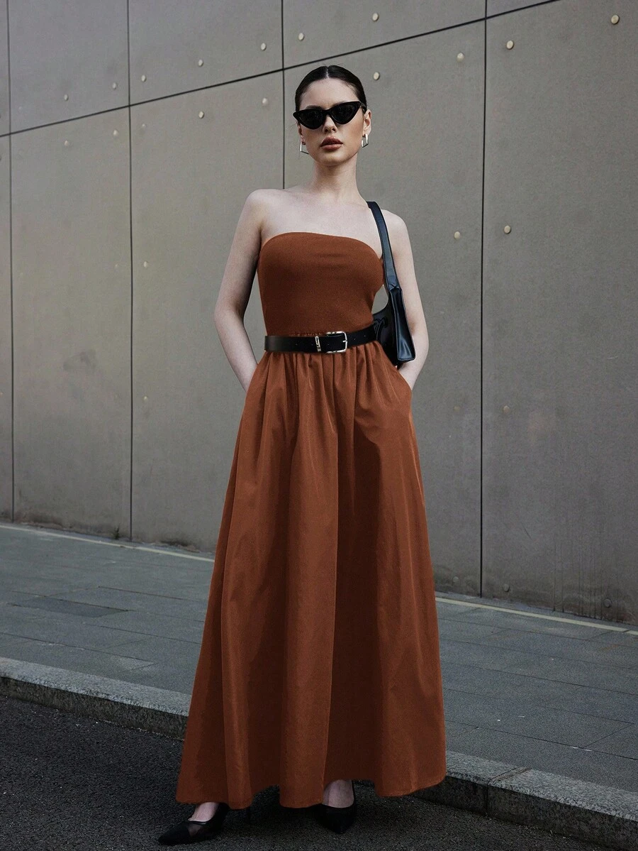 Siren Gaze Women's Summer Top-Tight And Bottom-Wide Knitted Splicing Woven Casual Dress With Side Pockets Rust Brown Dress Earth Tone Dress - Brown - View 1