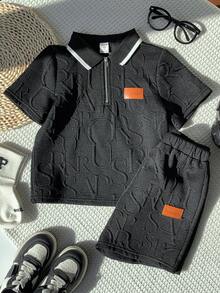 SHEIN 两件套男童休闲街头风 Polo 领拉链连帽衫上衣和针织短裤套装 - 黑色 - 查看 7