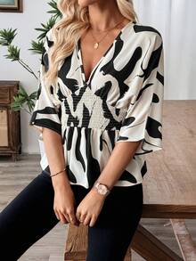 SHEIN LUNE Women's Fashion Casual Shirred Cinched Waist Blouse - Apricot - View 6