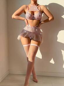 SHEIN 5 件套性感粉色亮片露背内衣、荷叶边下摆紧身裙、心形吊饰和渔网袜套装，适合外出穿着 - 粉色 - 查看 4