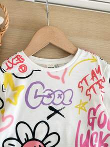 SHEIN Bộ áo thun ngắn tay và quần short cạp chun in hình hoạt hình dễ thương cho bé gái, thích hợp mặc mùa hè. - trắng - Xem 6