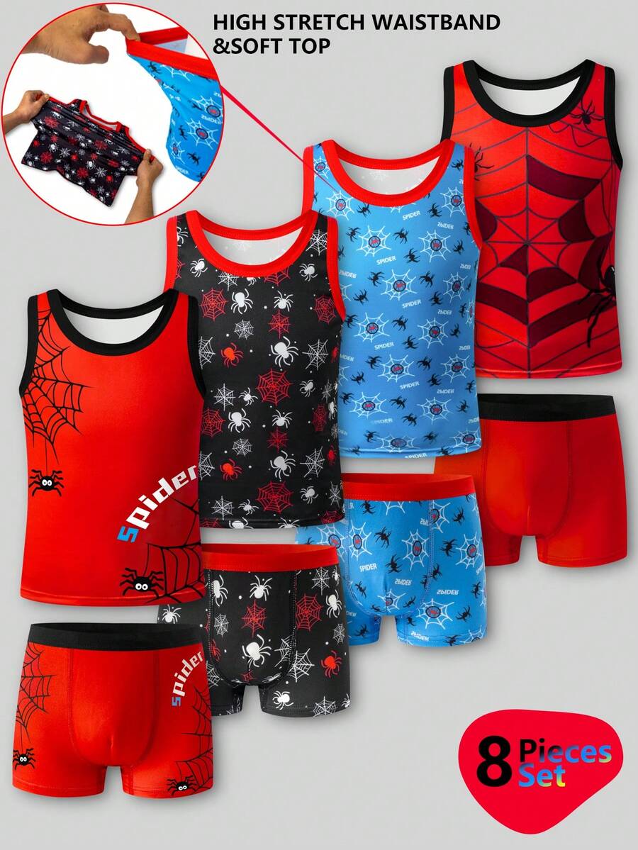 4件套男童简约蜘蛛印花舒适无袖背心和四角内裤套装 - 彩色 - 查看 1