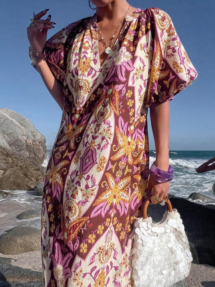 Women's All-Over Print Notch Neck Casual Vacation Dress Sundress Boho