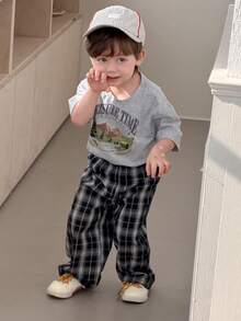 2pcs/Set Baby Boys' Round Neck Printed Casual T-Shirt And Plaid Casual Pants Set Summer - Grey - View 5