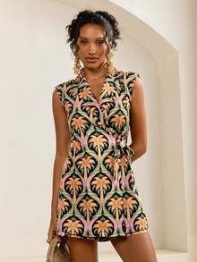Tropical Plant Print Wrap Sleeveless Jumpsuit, Summer - Multicolor - View 5