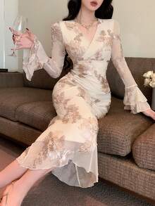 DAZY Spring/Summer Elegant Mesh Midi Dress, Fashion Party/Wedding/Banquet Formal Gown, Slim Fit Commuting Dress - Apricot - View 1