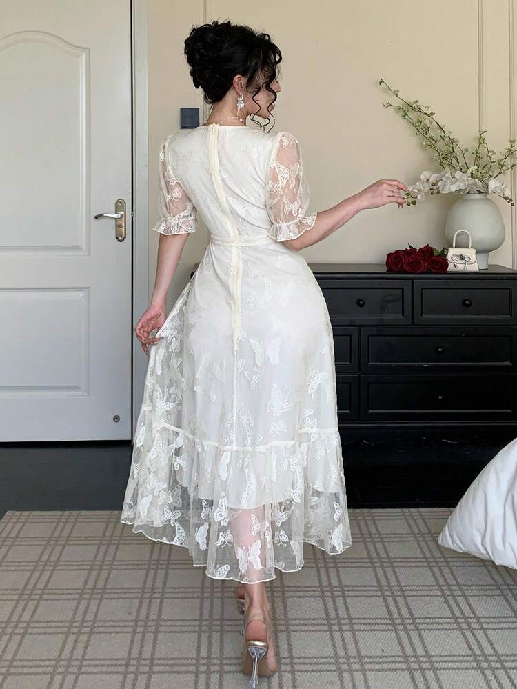 Women's Elegant Lace V-Neck Belted Mid-Length Dress, Summer Wedding Guest Dress Sundress