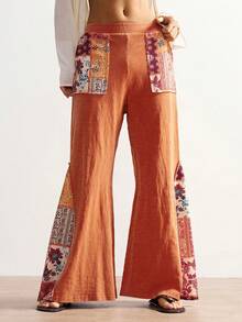 Bohemela Women's Casual Knit Patchwork Flare Washed Pants - Orange - View 5