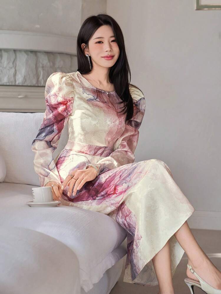 Women's Elegant Floral Ombre Puff Sleeve Ruffle Hem 2 In 1 Long Dress, Spring/Summer Wedding Guest Dress Maxi Dress Sundress