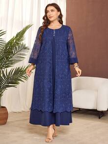 Lacomfia 大码纯色七分袖网纱刺绣A字优雅休闲连衣裙 - 藏蓝色 - 查看 4