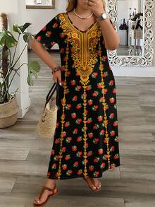 Mellowie 大码女式休闲V领短袖连衣裙，适合夏季穿着 - 彩色 - 查看 5