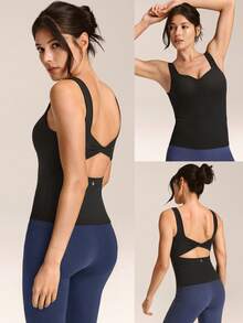 GLOWMODE FeatherFit™ Soft Win Buttery-Soft Sweetheart Neck Twisted Open Back Removable Cups Long Tank Top Low Impact Yoga Studio Daily Wear - Black - View 9