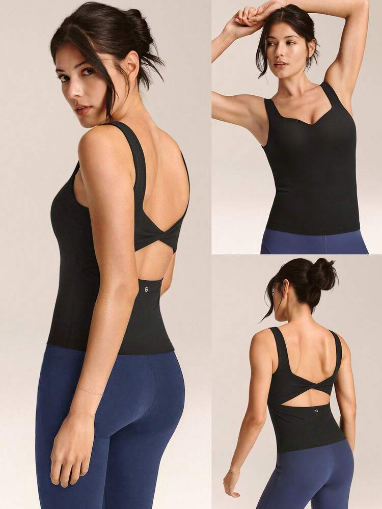 FeatherFit™ Soft Win Buttery-Soft Sweetheart Neck Twisted Open Back Removable Cups Long Tank Top Low Impact Yoga Pilates Studio Daily Wear