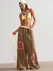 Bohemela Women's Casual Knit Patchwork Loose Wide Leg Pants - Brown - View 7