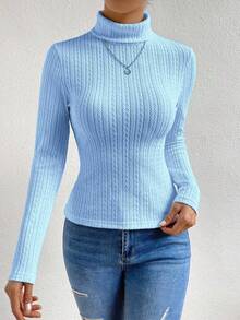 RosyDaze 女士纹理高领长袖修身休闲百搭T恤 - 淺藍色 - 查看 6