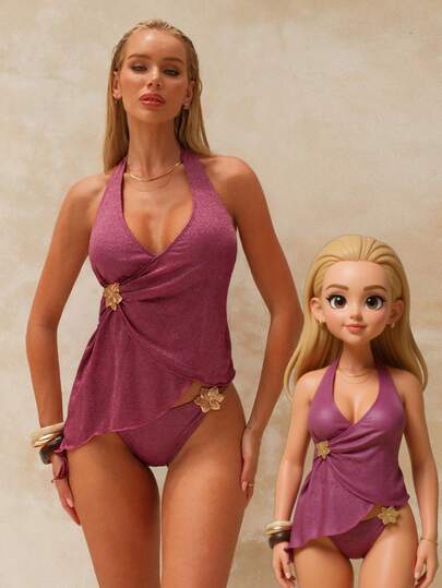 Swim Chiccia Women's Purple Halter Sexy Beach Vacation Floral Decor Bikini Swimsuit, Summer