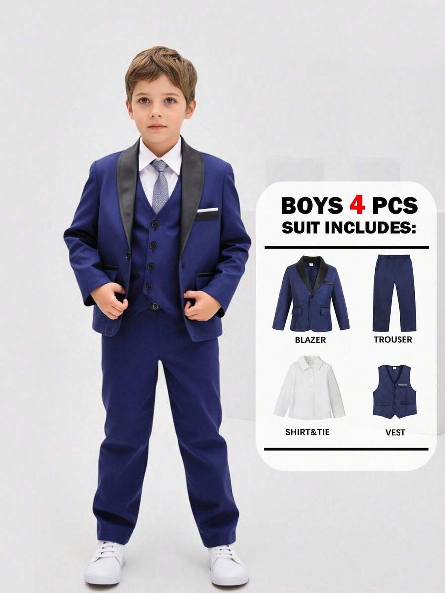 Set da 4 pezzi da gentiluomo per bambini di 4-7 anni: blazer blu navy con texture, camicia bianca tessuta, gilet smanicato e pantaloni casual neri. Stile alla moda, elegante e vintage, adatto per feste di compleanno, matrimoni, battesimi, primo giorno di scuola e altre occasioni.