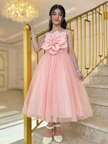 SHEIN Tween Girl Solid Color Mesh Camisole Dress - Pink - View 7