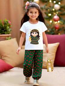 2pcs/Set Young Girls Fashion Casual Cute Cartoon Princess Print Short Sleeve T-Shirt And Rose Print Pants, Children Clothing Suitable For Spring/Summer, Holiday, Ramadan - Multicolor - View 1